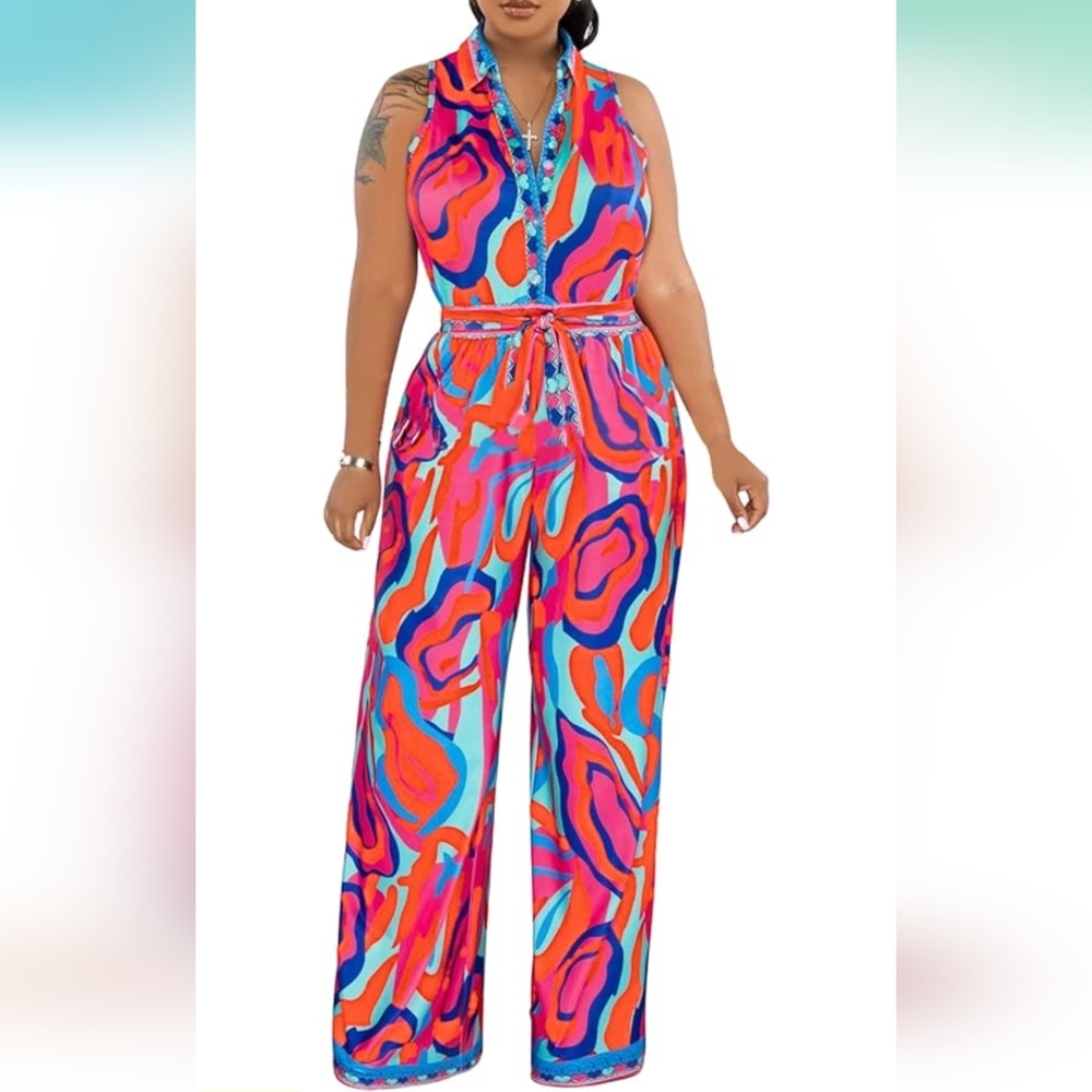 IyMoo Sexy Wide Leg Jumpsuit for Women Sleeveless Print Deep V Neck Elastic...